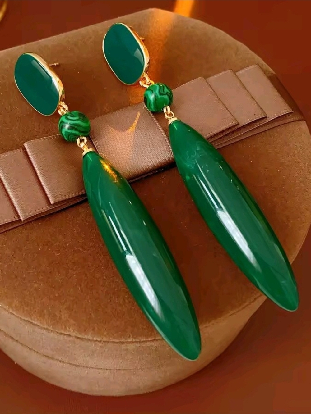 Elegant Green Drop Earrings with Gold Accents - Women Jewelry - Picture 2 of 6
